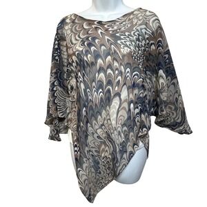 Kaelyn-Max Womens Large Brown Blue‎ Marble Print Handkerchief Hem Chiffon Top